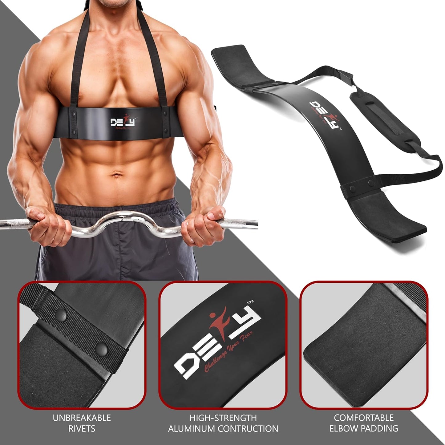 DEFY Adjustable Arm Blaster for Biceps and Triceps with Durable 7mm Aluminum Plate and Neck Pad - Strength Training Isolator Curl Machine for Bodybuilding