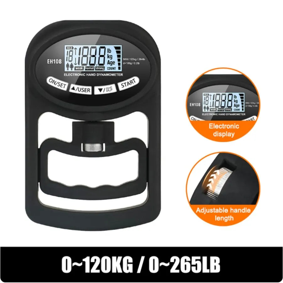 Digital Hand Grip Strength Tester – 265 lb / 120 kg Dynamometer with LCD Display & USB Charging for Grip Training
